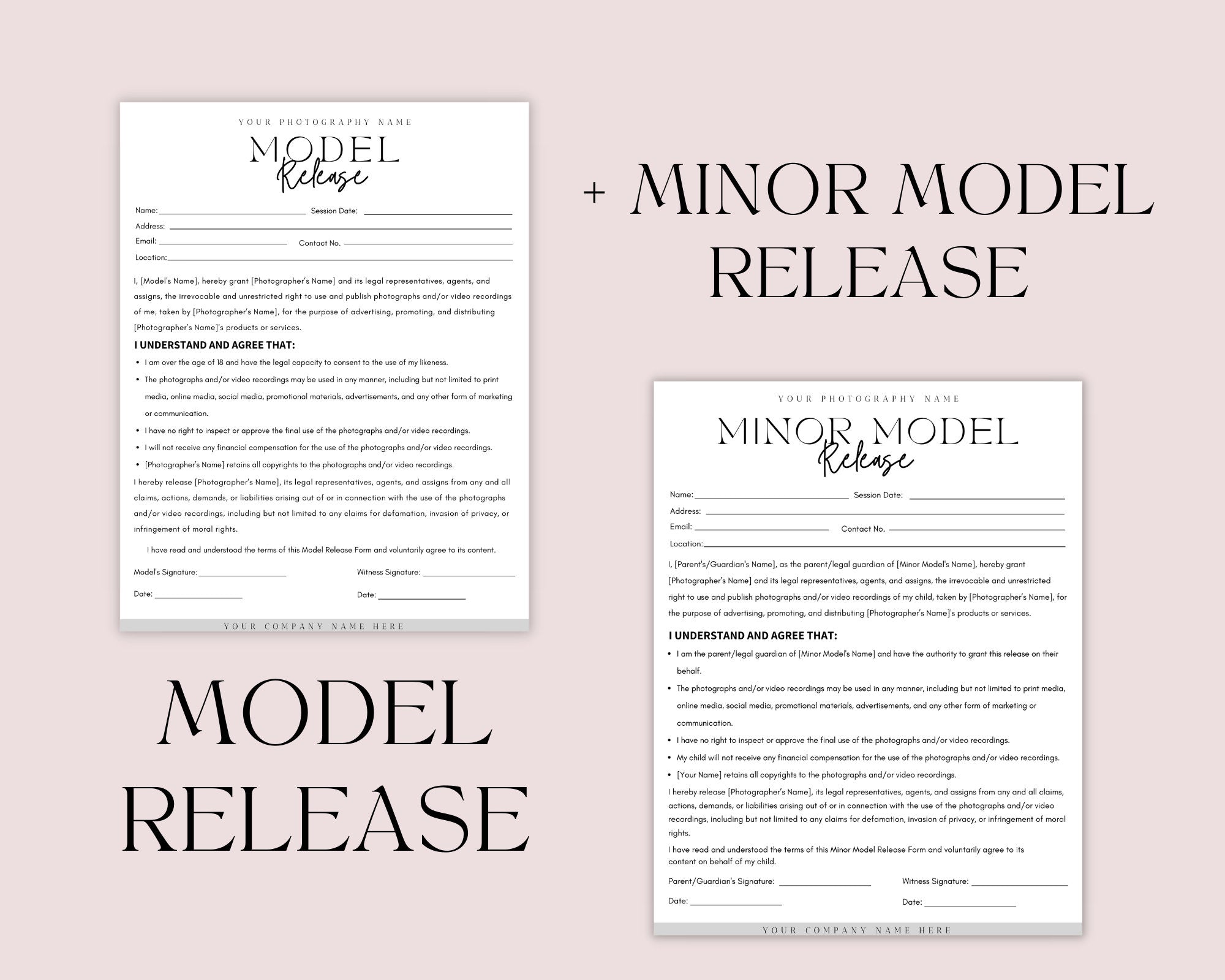 Model Release Form Template | Photography Forms | Minor Model Release Form | Contract for Photographers | Canva Template