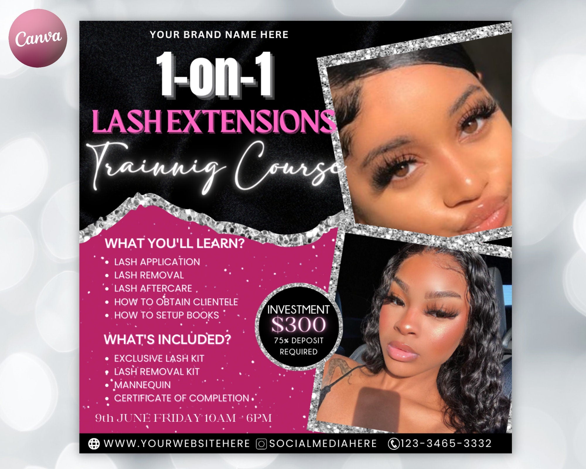 1 on 1 Lash Class Flyer, DIY Lash Training Masterclass Course Template, Lashes Tech MUA Nail Hair Extensions Makeup Editable Canva Template