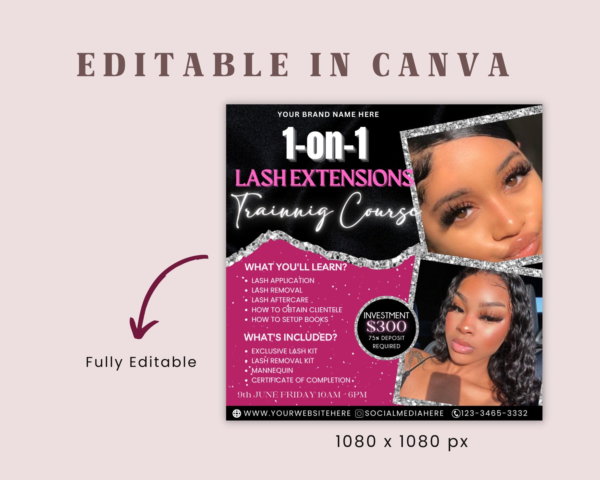 1 on 1 Lash Class Flyer, DIY Lash Training Masterclass Course Template, Lashes Tech MUA Nail Hair Extensions Makeup Editable Canva Template