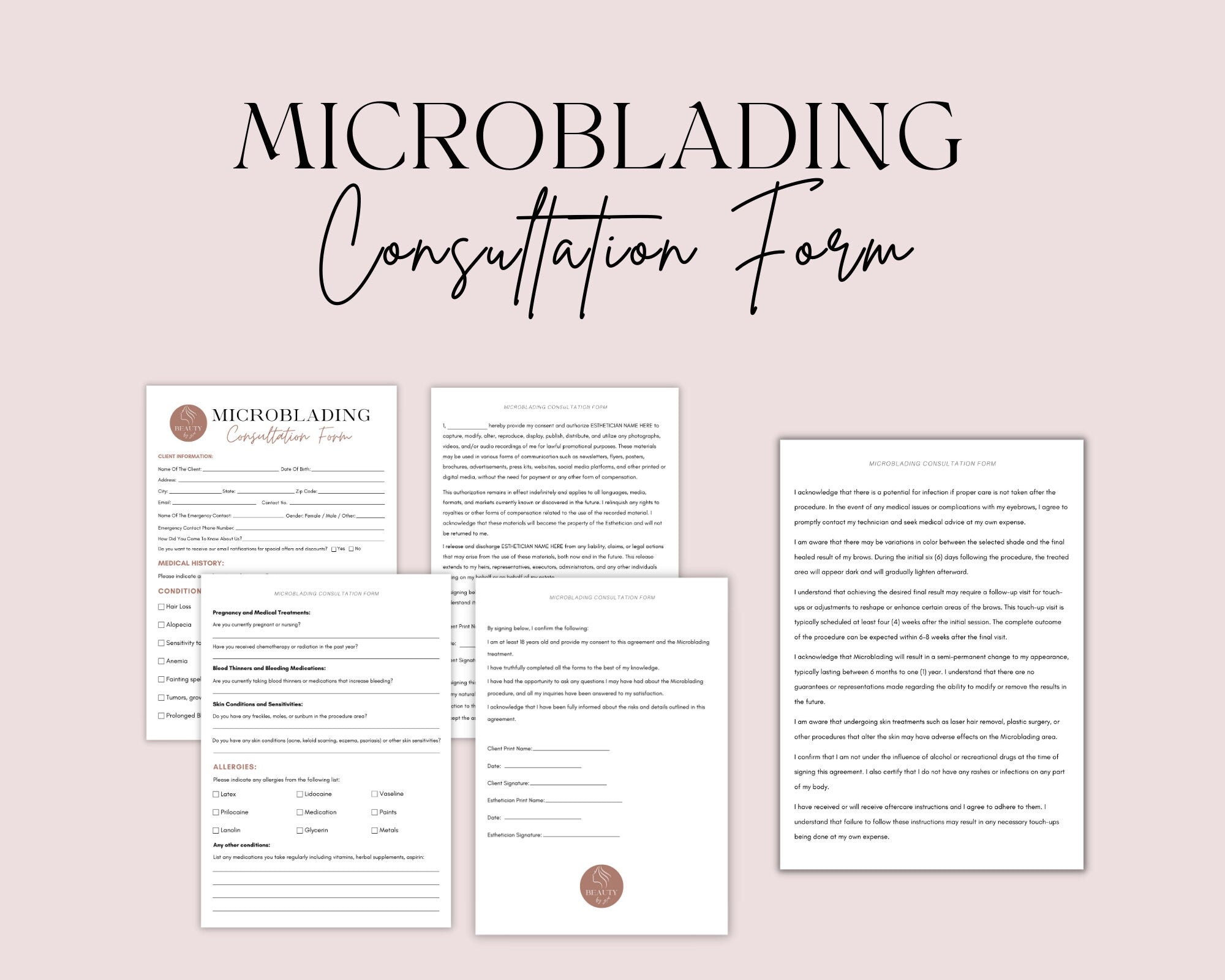 Microblading Forms, Editable Esthetician Templates, Microblading Consultation Form, Beauty Salon Forms, Editable & Printable, Canva Template