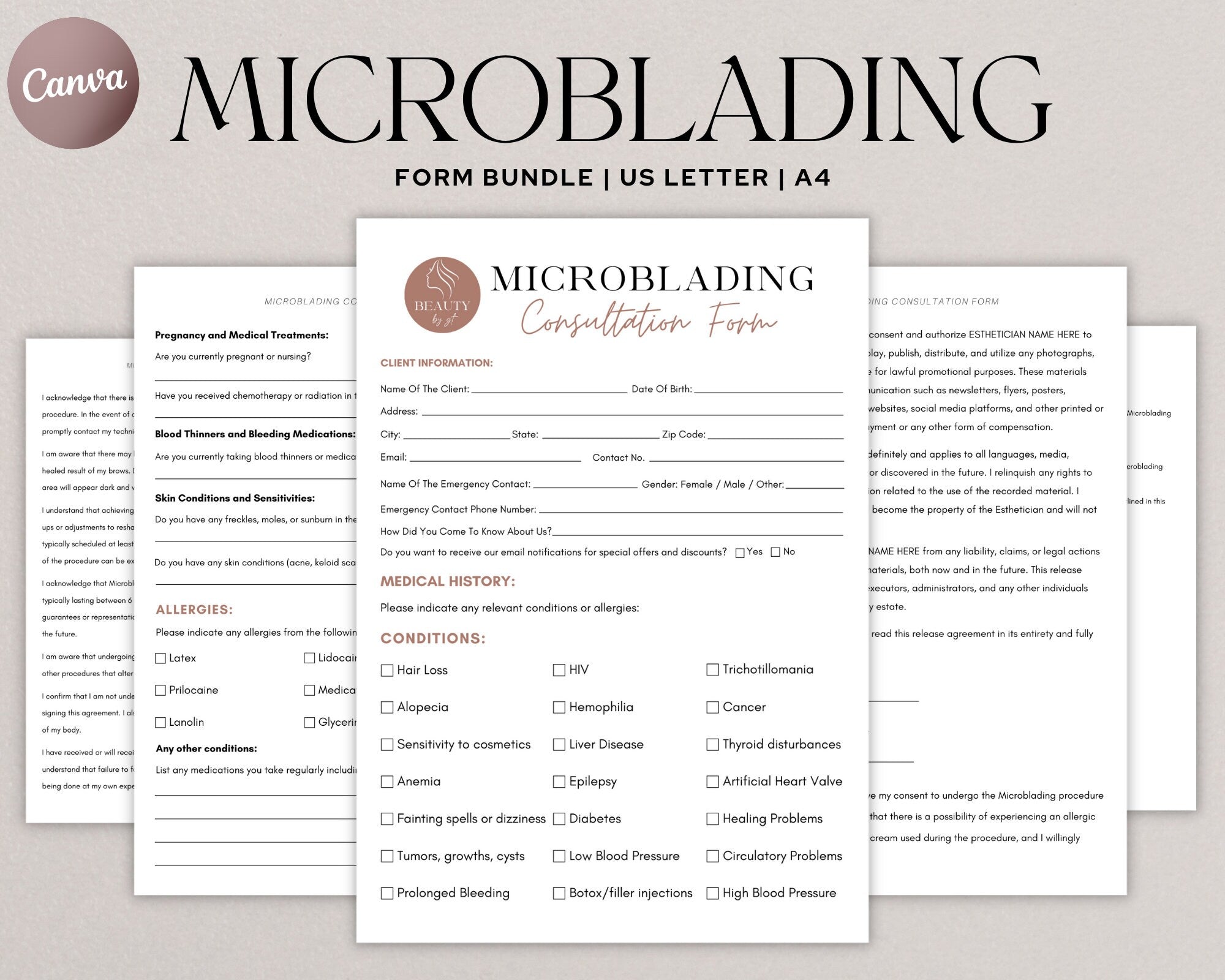 Microblading Forms, Editable Esthetician Templates, Microblading Consultation Form, Beauty Salon Forms, Editable & Printable, Canva Template