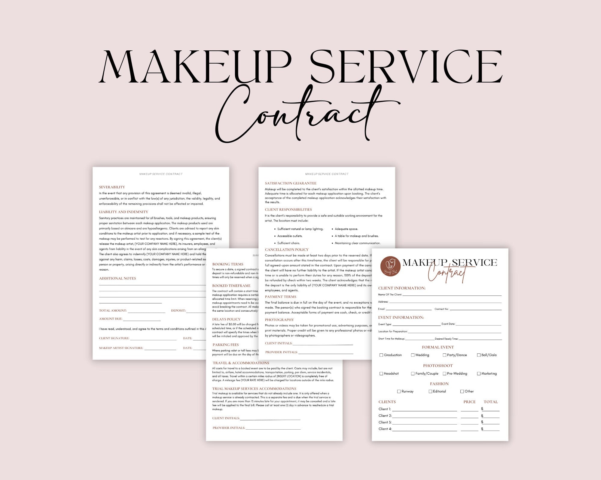 Makeup Service Contract Template, MUA Contract Template, Makeup Artist Contract, Makeup Service Form, Bridal Makeup Contract, Canva Template