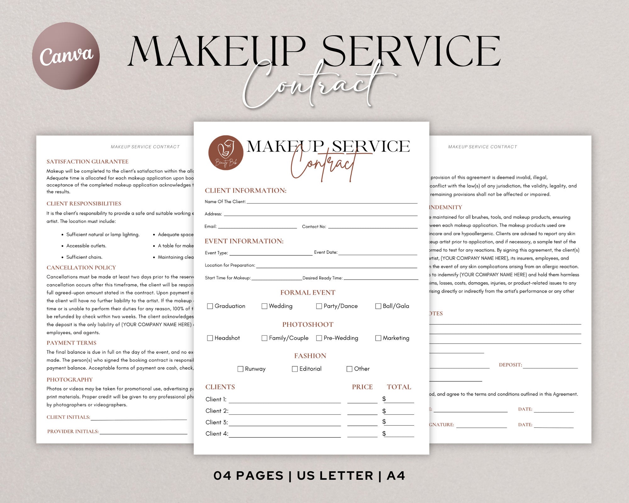 Makeup Service Contract Template, MUA Contract Template, Makeup Artist Contract, Makeup Service Form, Bridal Makeup Contract, Canva Template