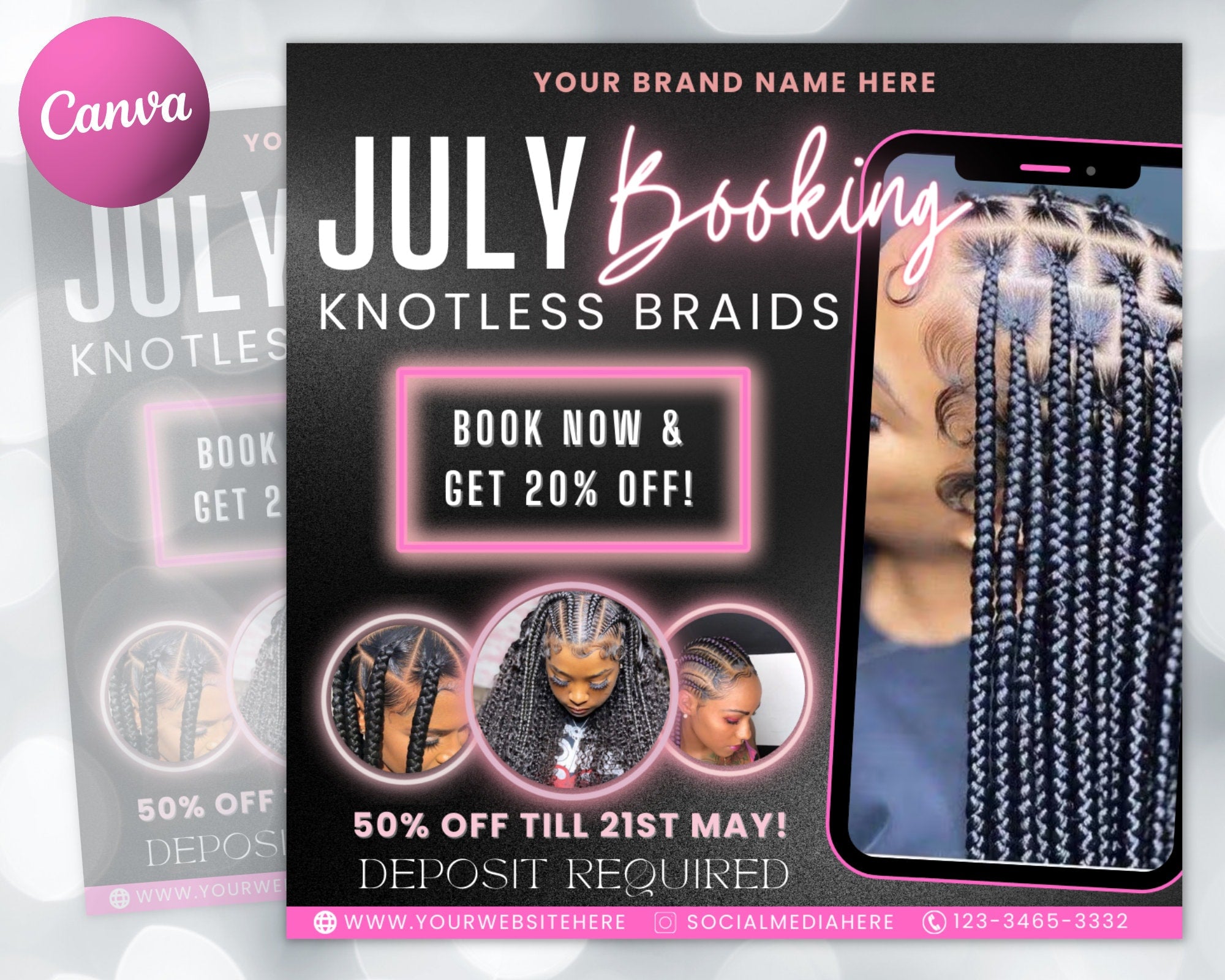 July Booking Flyer, Hair Braiding / Knotless Braids Flyer, DIY Summer Flyer, Summer Sale Flyer, Social Media Flyer, Canva Flyer Template