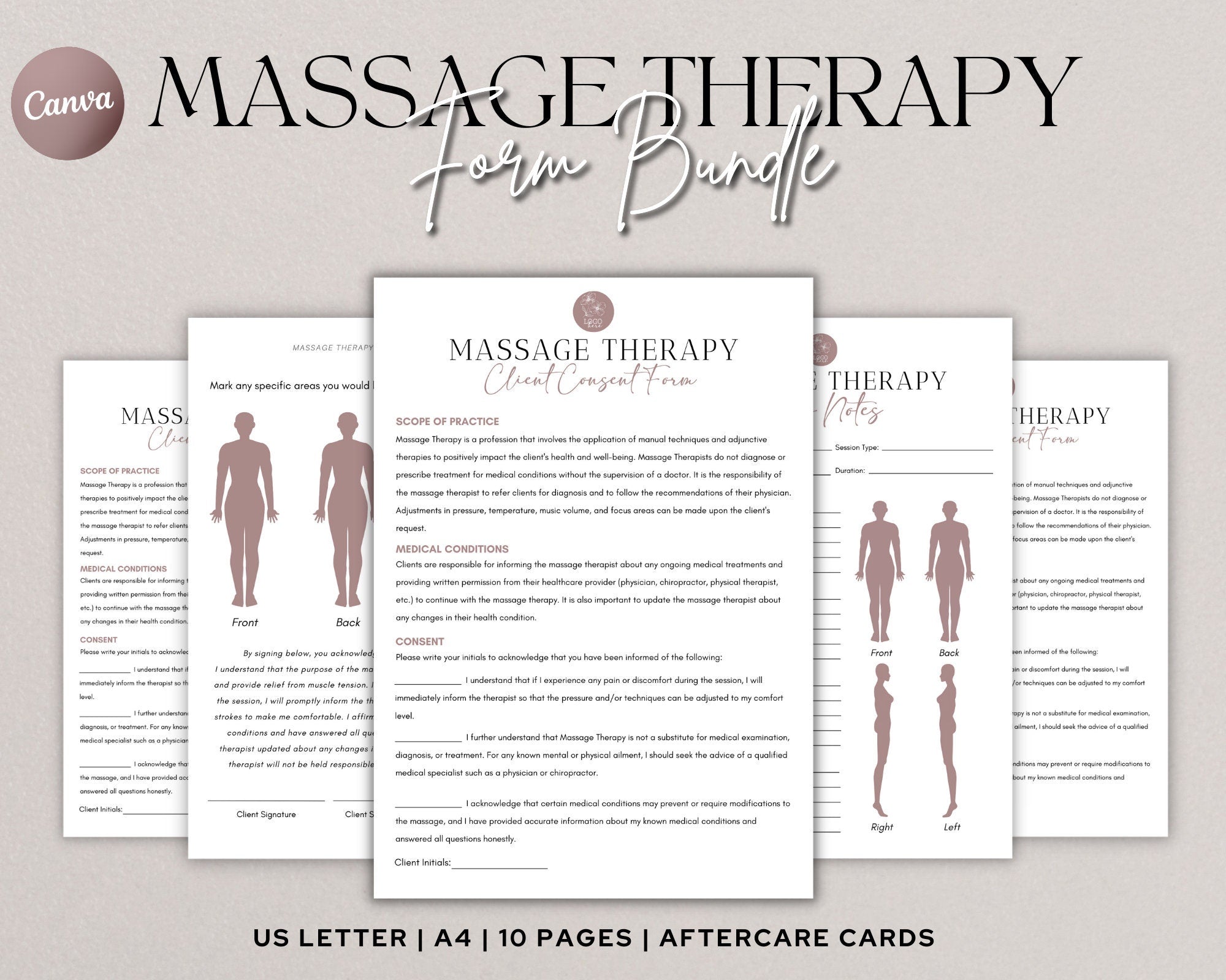 Massage Therapy Forms, Massage Consent, Massage Consultation, Massage Intake Forms, Esthetician Templates, Canva Editable, Instant Downlaod