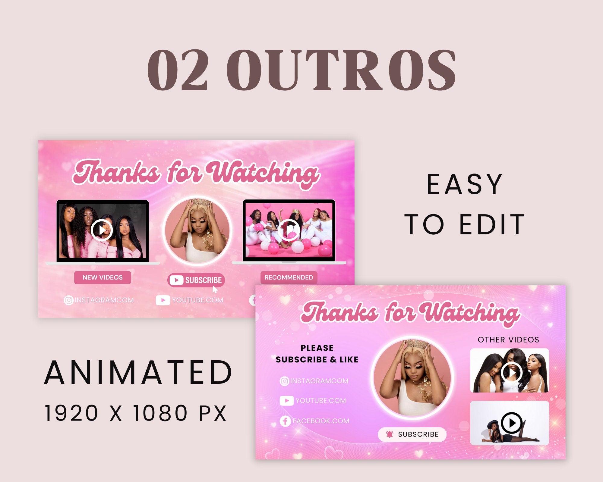 Youtube Branding Kit, Editable Banners, Intros & Outros and logo, Pink Themed Templates, Editable Canva Template, Digital Download Template