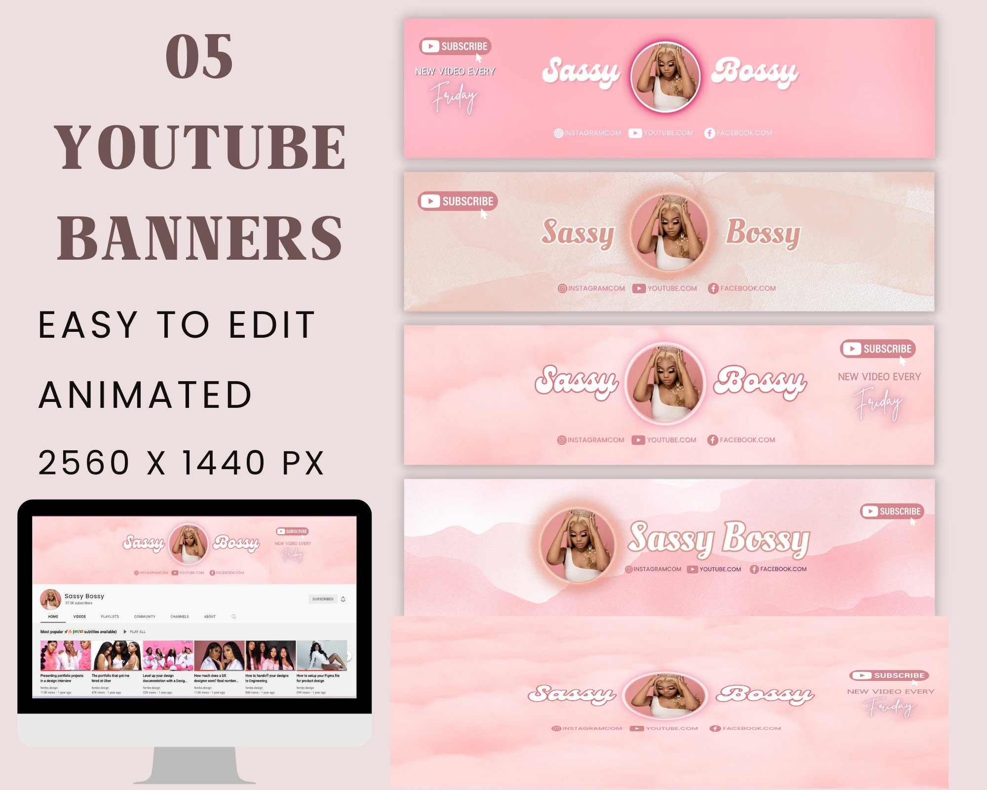 Youtube Branding Kit, Editable Banners, Intros & Outros and logo, Pink Themed Templates, Editable Canva Template, Digital Download Template