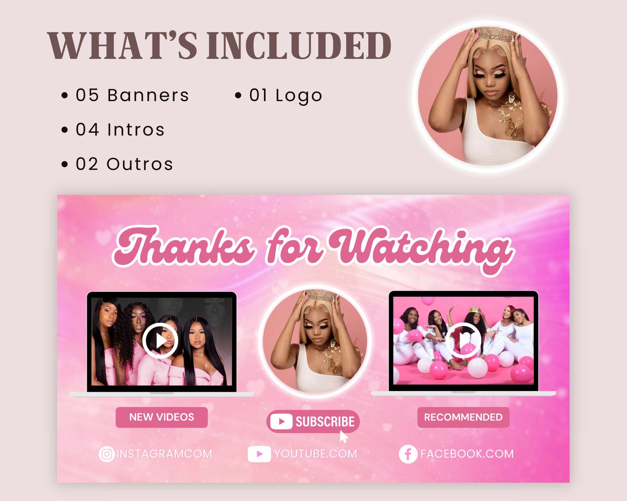 Youtube Branding Kit, Editable Banners, Intros & Outros and logo, Pink Themed Templates, Editable Canva Template, Digital Download Template