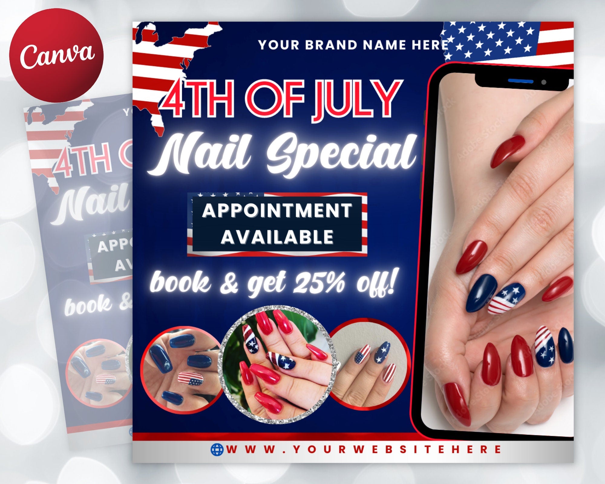 4th of July Flyer, 4th of July Nails Special Flyer, Independence Day Flyer,DIY Flyer Template,Social Media Post,Canva Flyer,Instant Download