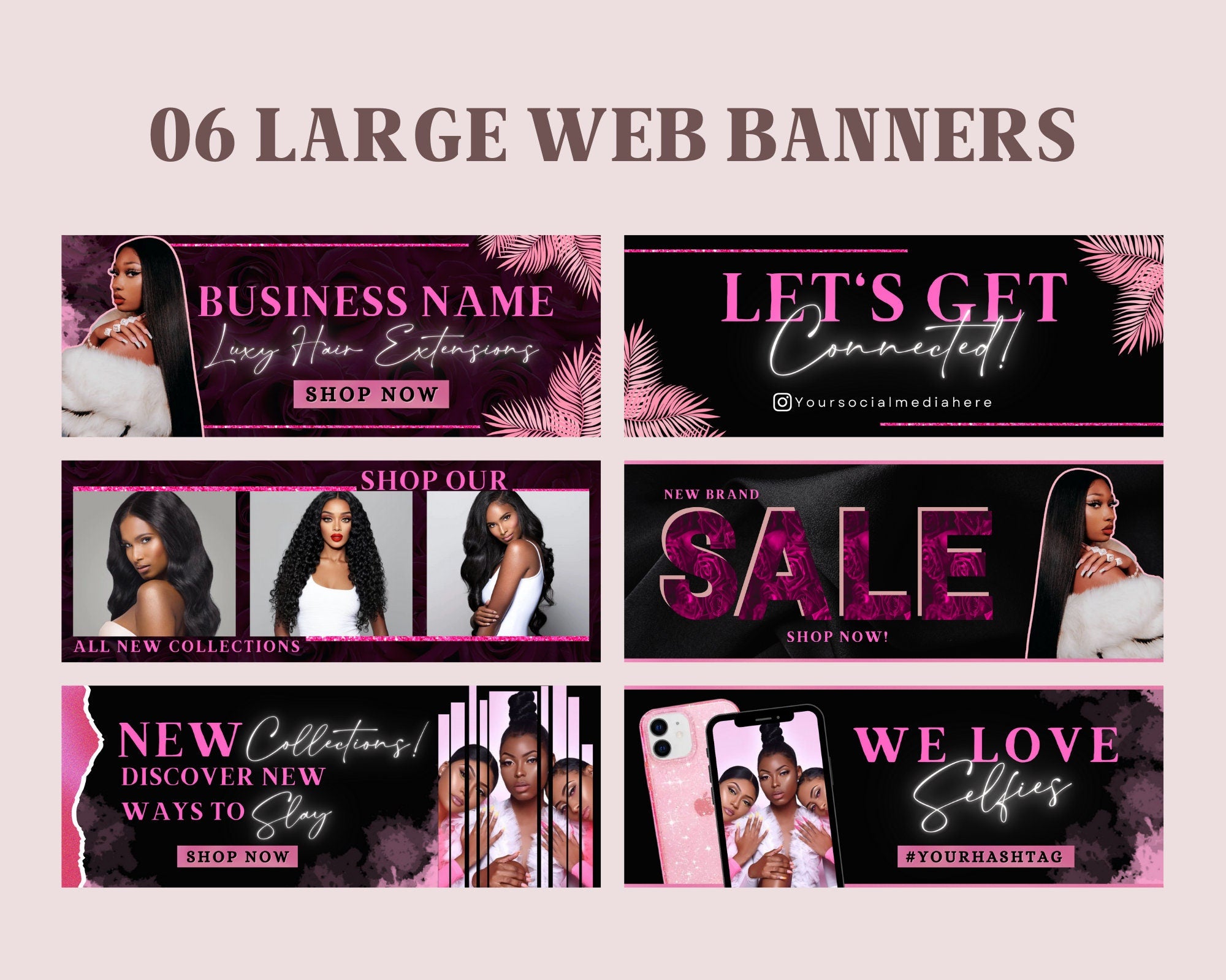 DIY Hair Website Banner Kit| Black and Pink Hair Extensions Wig Boutique Store Design| Shopify Site Design Templates Set|Canva| Retail Store