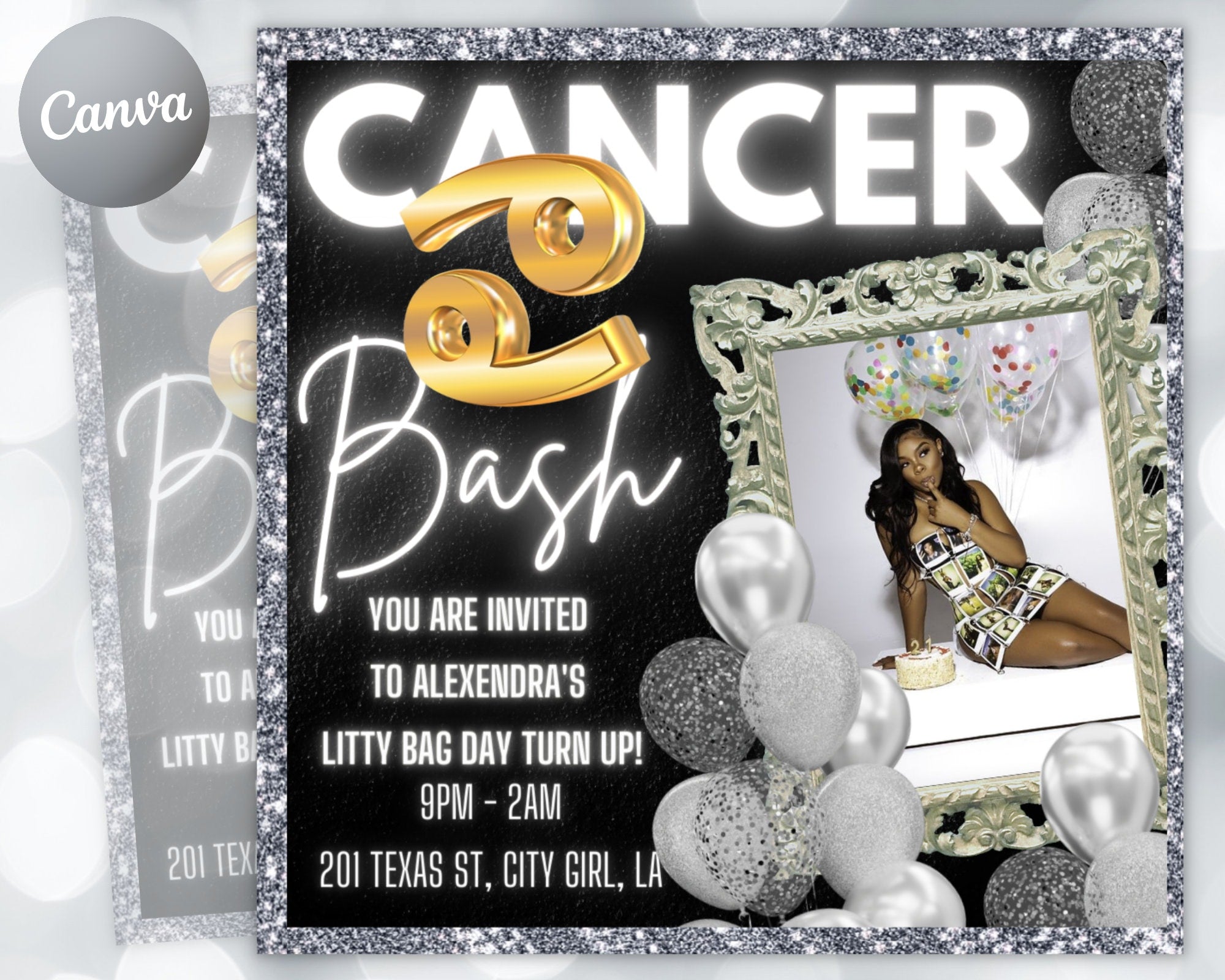 Cancer Birthday Flyer, Birthday Template, Birthday Girl, Party Flyer, Celebration Flyer, Birthday Event, Birthday Invite, Canva Template