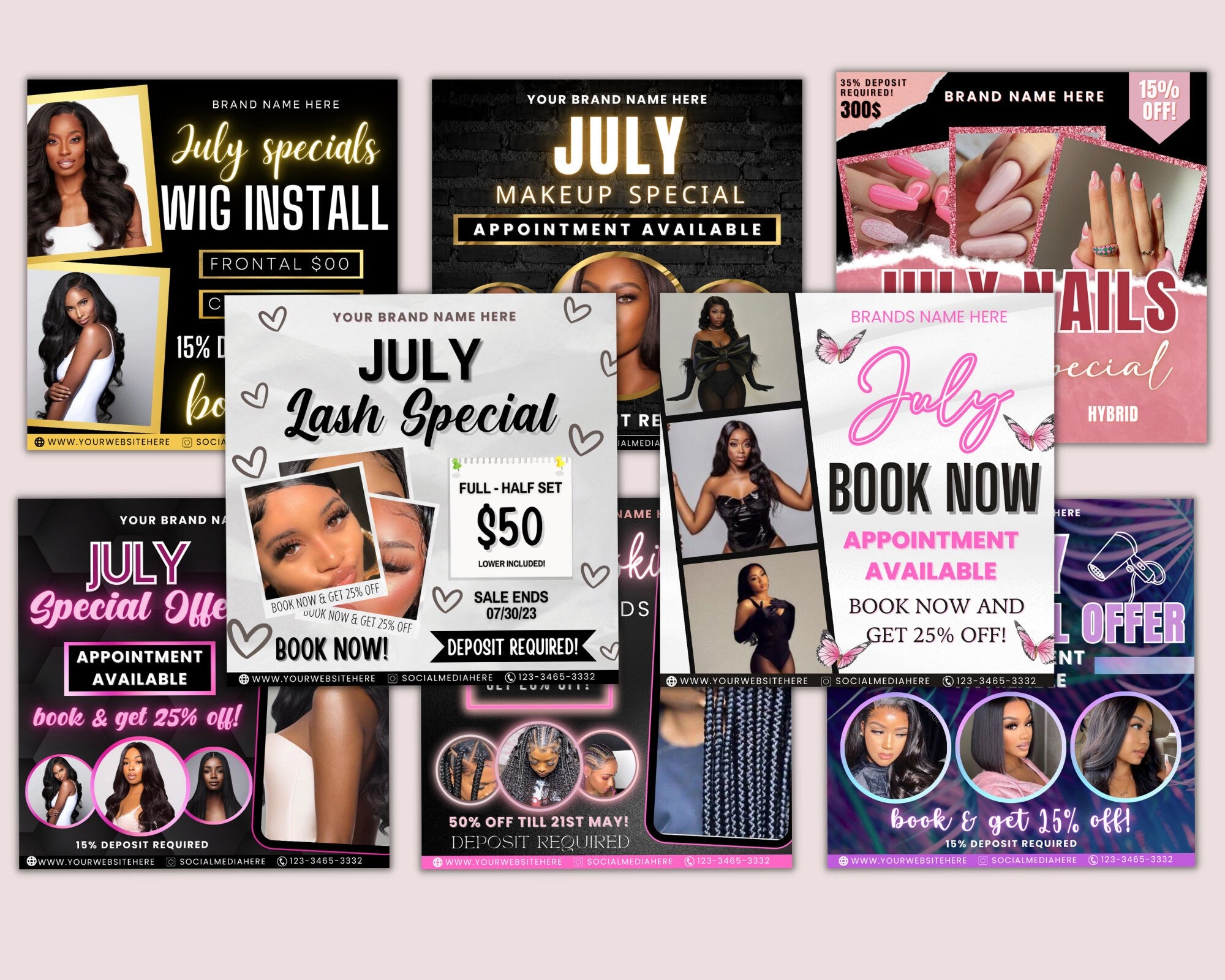 July Flyer Bundle, Bundle Of 08, New Arrivals Flyer, July Booking Flyer, Braids Flyer, Hair lash Nail Special Flyers, Wig Install Mua Flyers