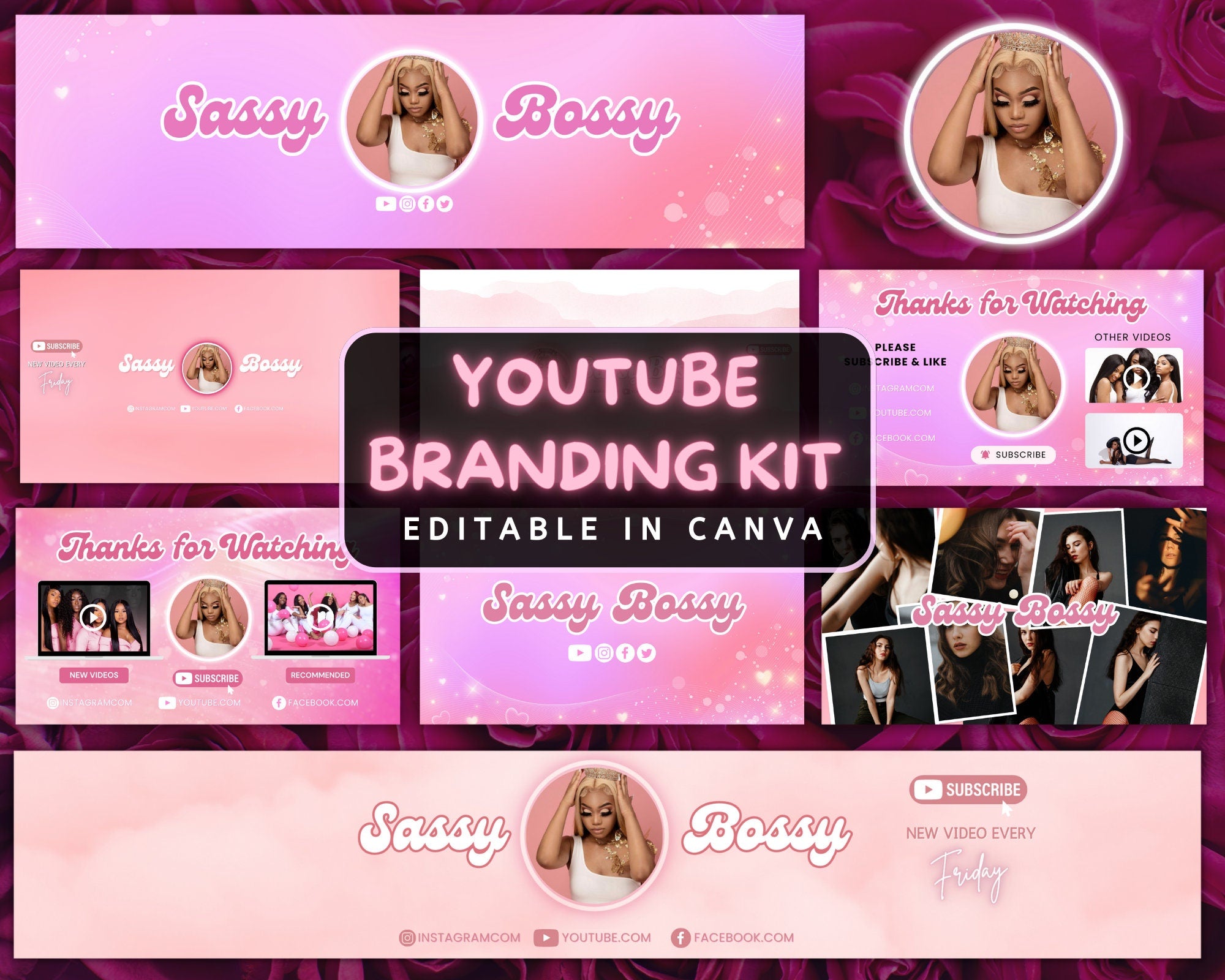 Youtube Branding Kit, Editable Banners, Intros & Outros and logo, Pink Themed Templates, Editable Canva Template, Digital Download Template