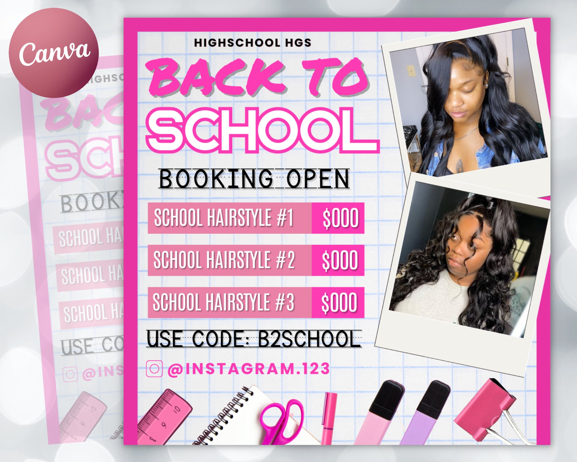 Back To School Flyer, Back to school sale flyer, Back to school Hair flyer, DIY canva template, Back 2 School Flyer, Braid Special Flyer