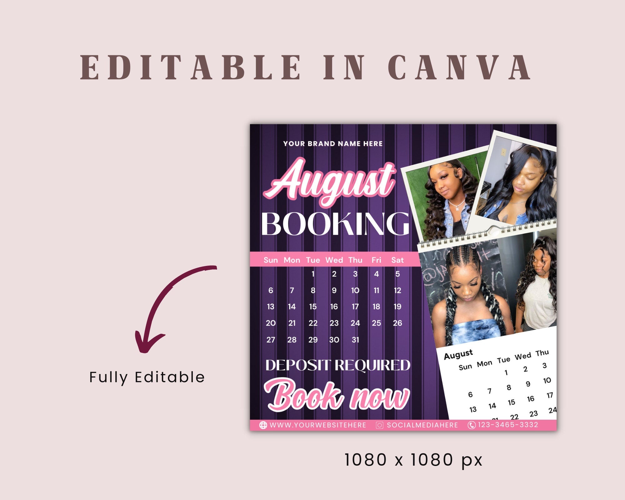 August Bookings Flyer, August Bookings Available, August Appointment Flyer, August Calendar Flyer, Hair, Nails, Makeup, Lashes, Braids, Wig