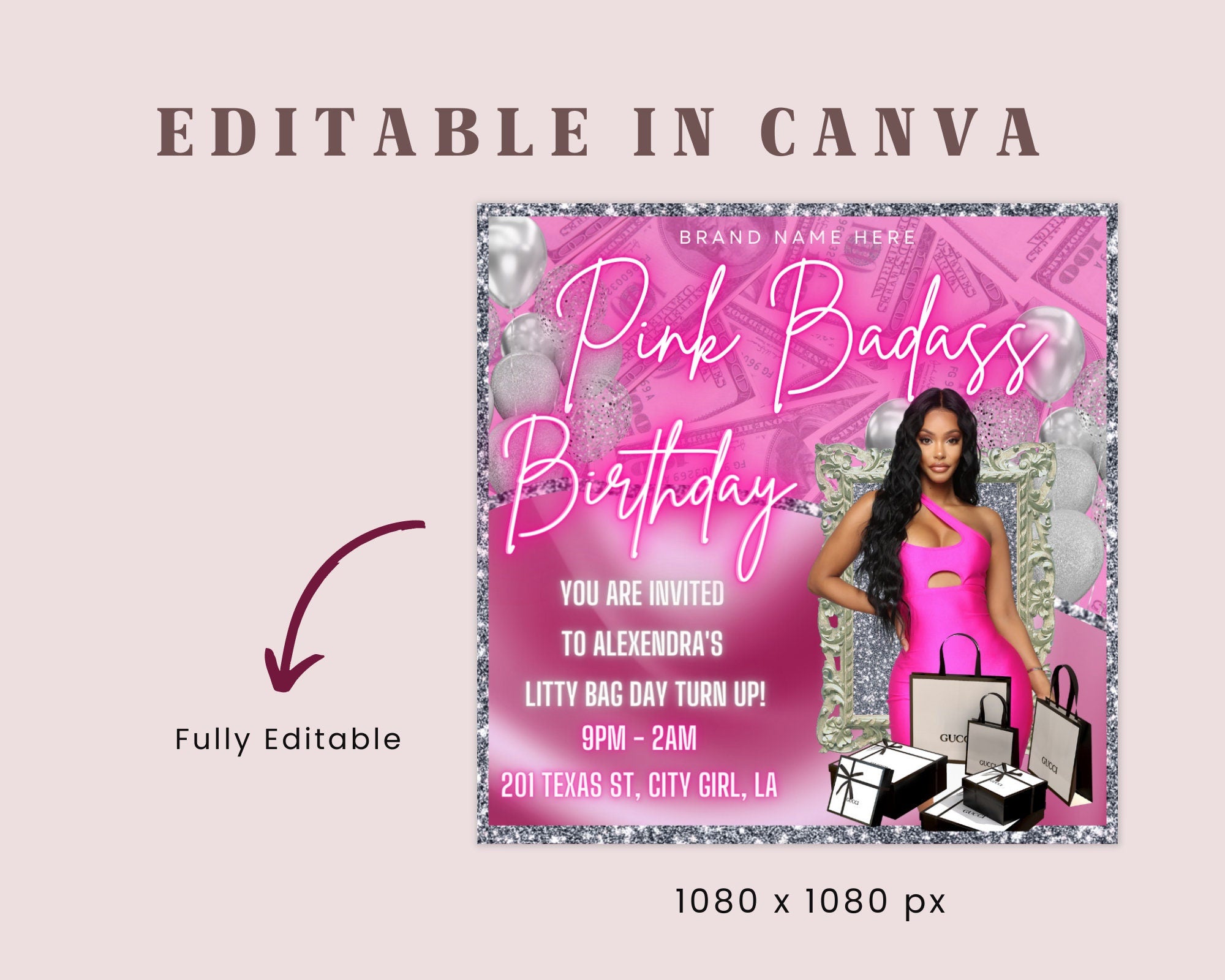 Birthday Flyer, Custom Editable Templates, Instagram Business Canva Flyer, Print At Home, Instant Download, DIY Template, Birthday Glam